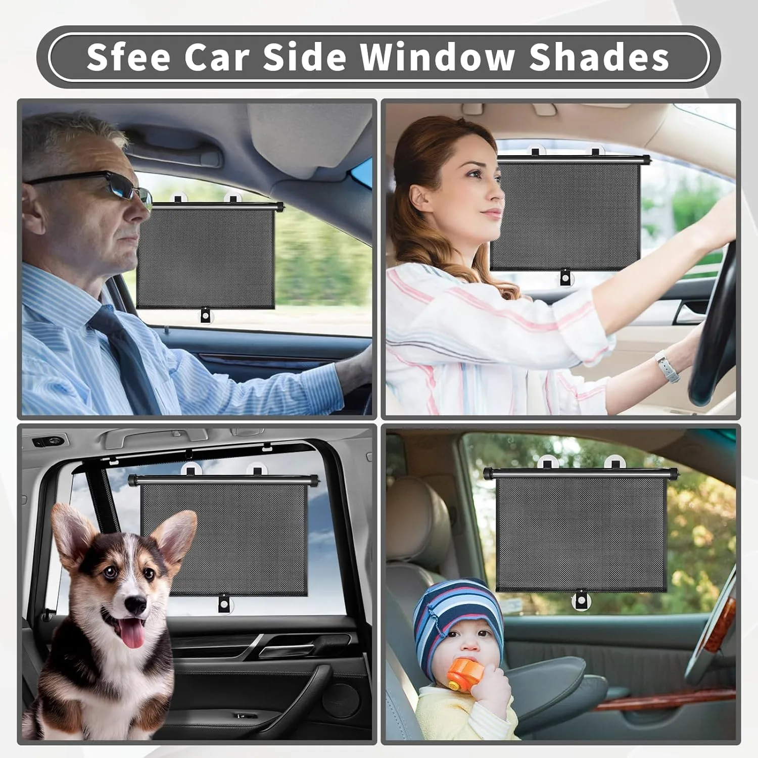 Sfee Car Window Shade for Side Windows, 2 Pack Sun Shade Retractable for Car Blocks Heat and UV Rays Glare Protection Roller Sunshade Visor for Baby, Kids, Pets, Passengers