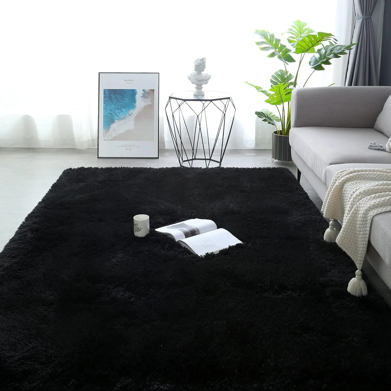 Shag Area Rugs for Bedroom Living Room,4X6 Ultra Soft Fluffy Area Rugs for Dorm, Indoor Carpet Nursery Rugs for Kids Room Home Decor,Black