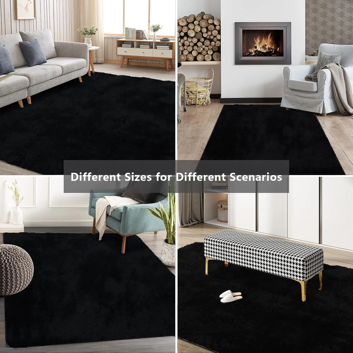 Shag Area Rugs for Bedroom Living Room,4X6 Ultra Soft Fluffy Area Rugs for Dorm, Indoor Carpet Nursery Rugs for Kids Room Home Decor,Black