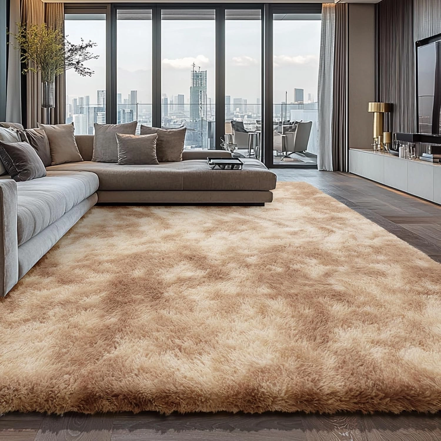 Shag Area Rugs for Bedroom Living Room,8X10 Ultra Soft Fluffy Area Rugs for Dorm, Indoor Carpet Nursery Rugs for Kids Girls Room Home Decor,Camel