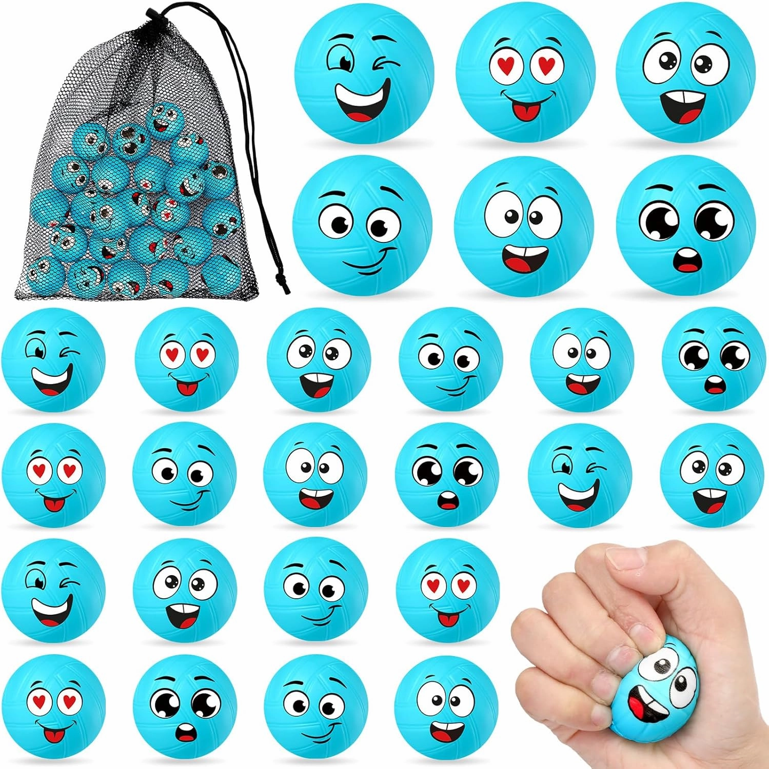 Shappy 24 Pcs Mini Volleyball Stress Balls 1.57 Foam Sports Balls with Emotion for Kids Volleyball Team Gifts with Mesh Drawstring Bag for Volleyball Party Birthday School Reward,6 Style(Blue)