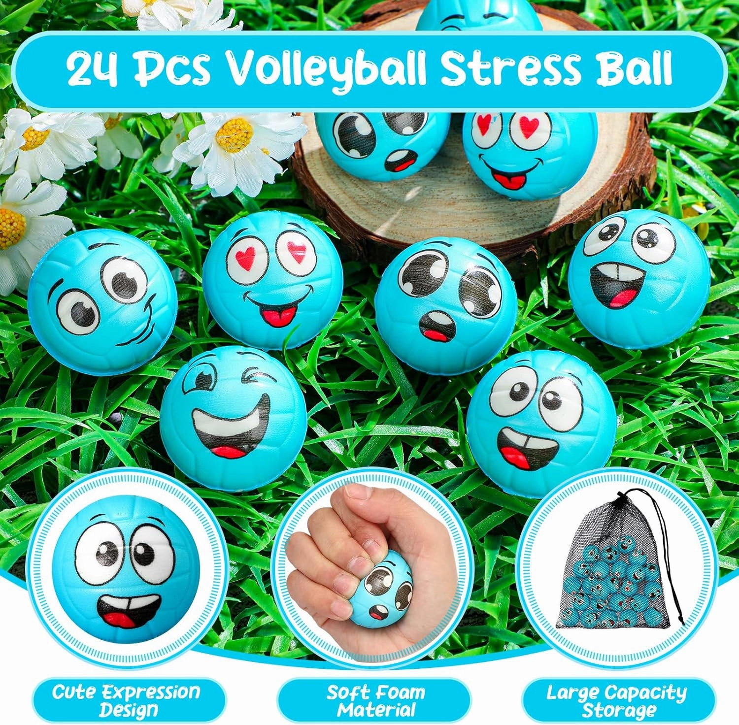 Shappy 24 Pcs Mini Volleyball Stress Balls 1.57 Foam Sports Balls with Emotion for Kids Volleyball Team Gifts with Mesh Drawstring Bag for Volleyball Party Birthday School Reward,6 Style(Blue)