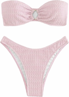 SHENHE Women's 2 Piece Bikini Set Summer Solid Ring Strapless Textured Bathingsuit