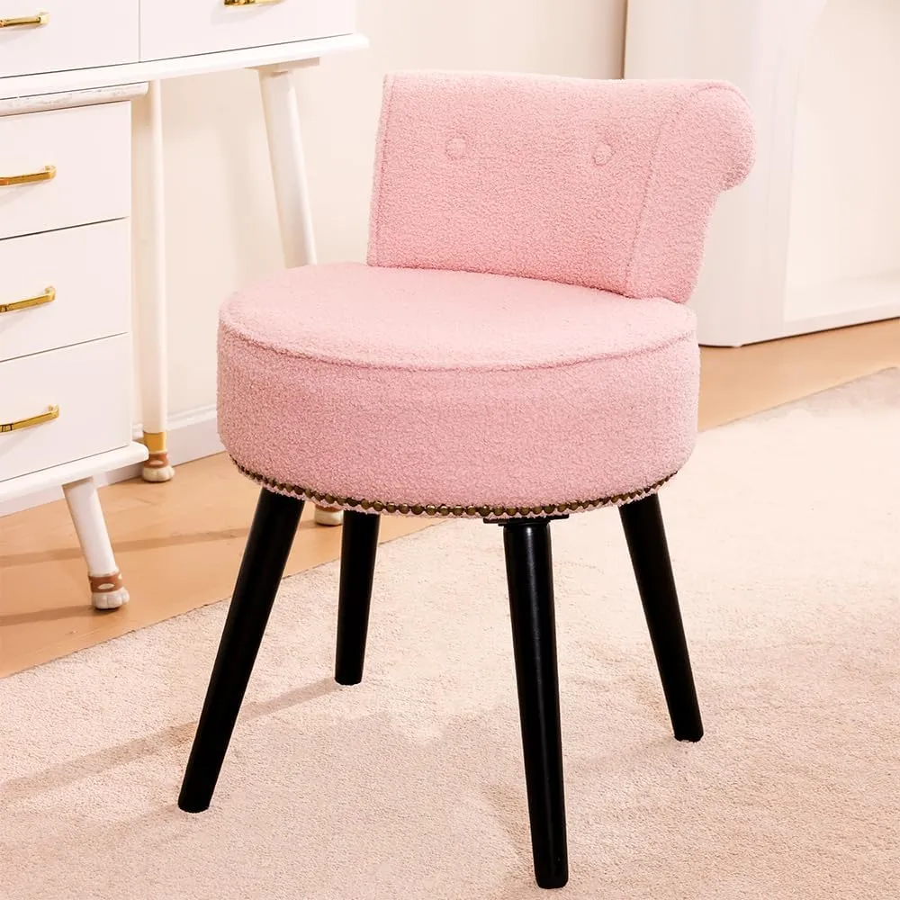 Sherpa Vanity Chair with Back for Bedroom - Tufted Upholstered Low Back Makeup Chair with Wooden Legs, Modern Elegant Dressing Table Seat for Dressing Room(Pink)