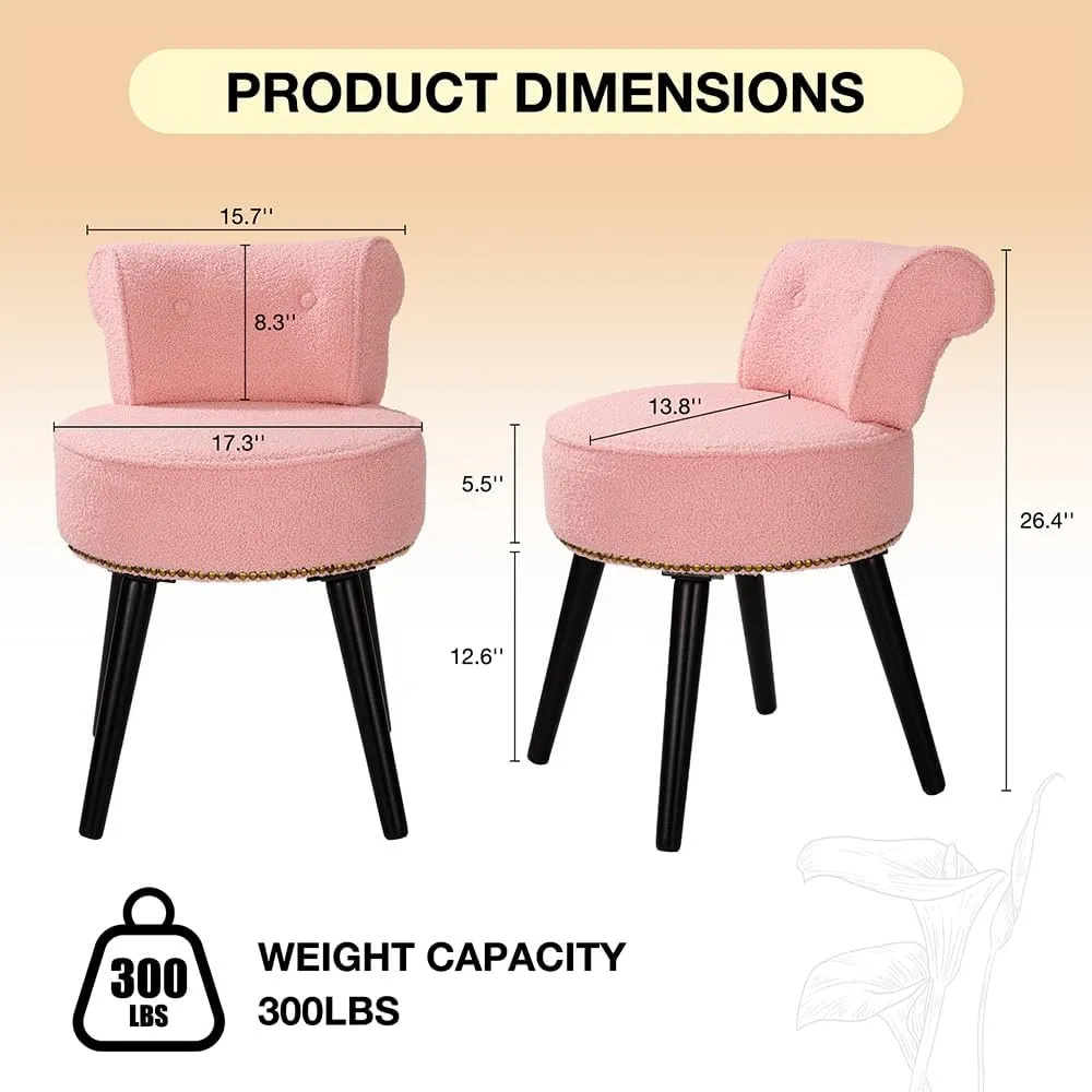 Sherpa Vanity Chair with Back for Bedroom - Tufted Upholstered Low Back Makeup Chair with Wooden Legs, Modern Elegant Dressing Table Seat for Dressing Room(Pink)