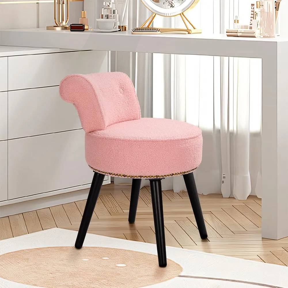Sherpa Vanity Chair with Back for Bedroom - Tufted Upholstered Low Back Makeup Chair with Wooden Legs, Modern Elegant Dressing Table Seat for Dressing Room(Pink)
