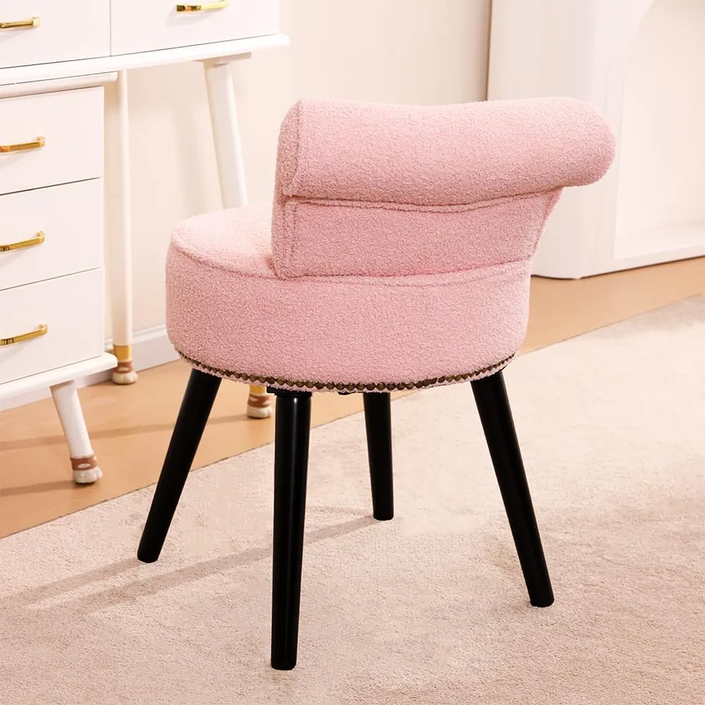 Sherpa Vanity Chair with Back for Bedroom - Tufted Upholstered Low Back Makeup Chair with Wooden Legs, Modern Elegant Dressing Table Seat for Dressing Room(Pink)