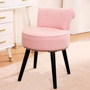 Sherpa Vanity Chair with Back for Bedroom - Tufted Upholstered Low Back Makeup Chair with Wooden Legs, Modern Elegant Dressing Table Seat for Dressing Room(Pink)