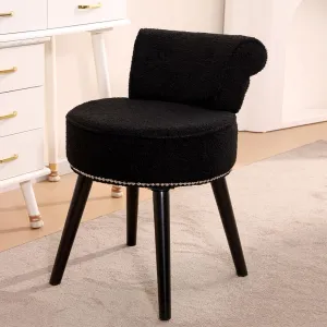 Sherpa Vanity Chair with Back for Bedroom - Tufted Upholstered Low Back Makeup Chair with Wooden Legs, Modern Elegant Dressing Table Seats for Dressing Room(Black)