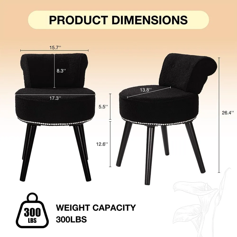Sherpa Vanity Chair with Back for Bedroom - Tufted Upholstered Low Back Makeup Chair with Wooden Legs, Modern Elegant Dressing Table Seats for Dressing Room(Black)