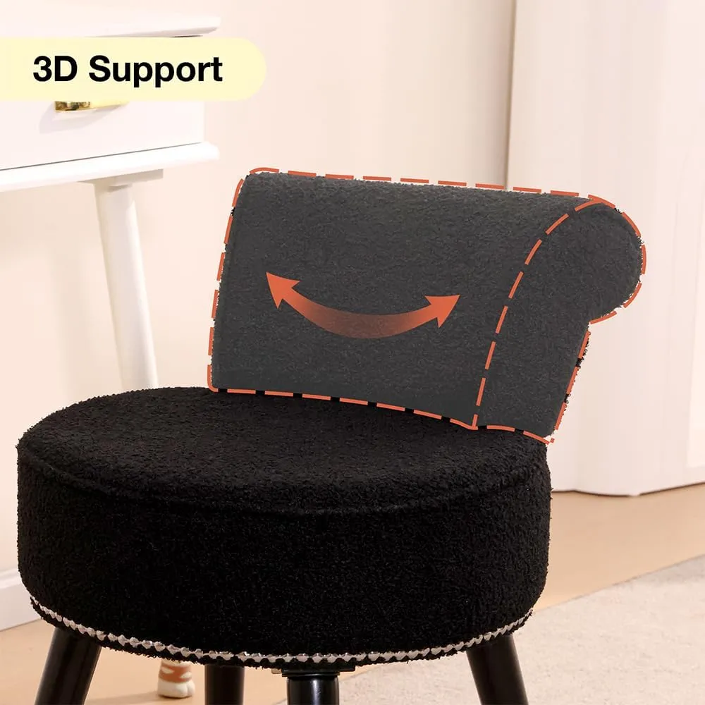 Sherpa Vanity Chair with Back for Bedroom - Tufted Upholstered Low Back Makeup Chair with Wooden Legs, Modern Elegant Dressing Table Seats for Dressing Room(Black)