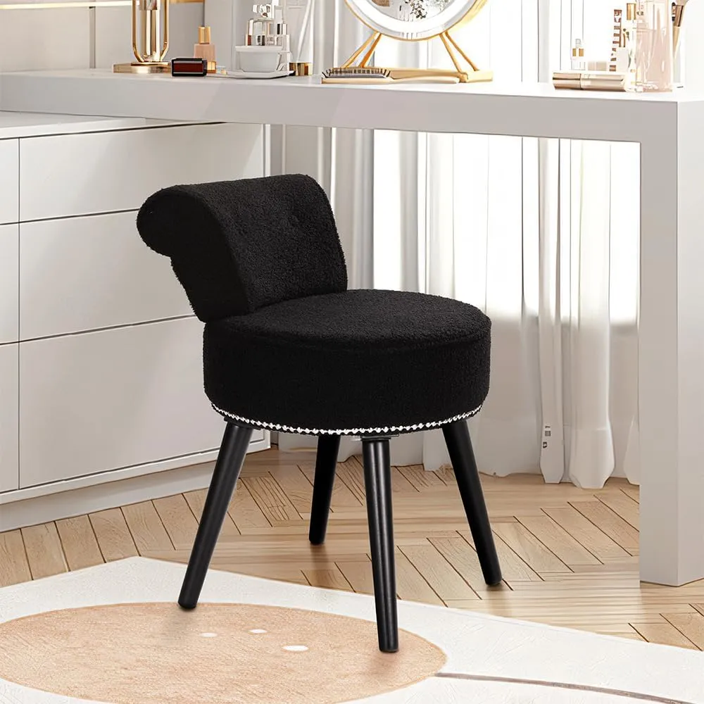 Sherpa Vanity Chair with Back for Bedroom - Tufted Upholstered Low Back Makeup Chair with Wooden Legs, Modern Elegant Dressing Table Seats for Dressing Room(Black)