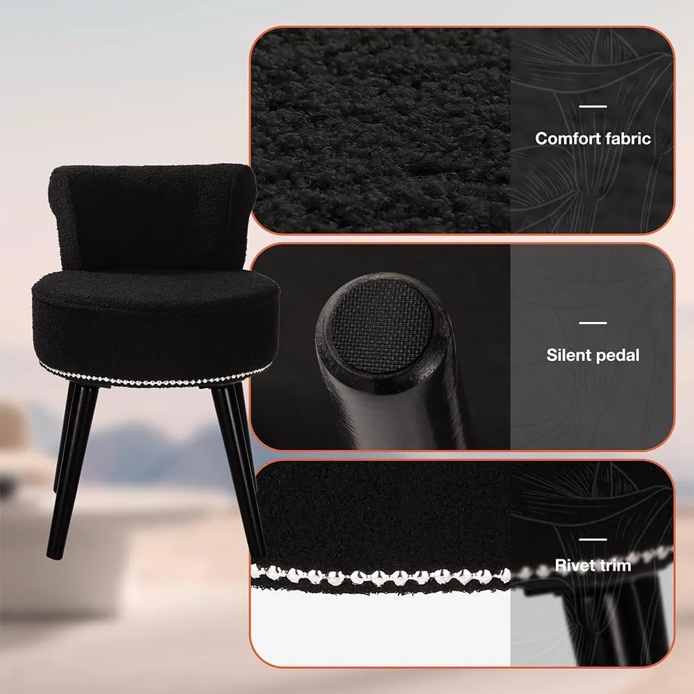 Sherpa Vanity Chair with Back for Bedroom - Tufted Upholstered Low Back Makeup Chair with Wooden Legs, Modern Elegant Dressing Table Seats for Dressing Room(Black)