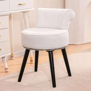 Sherpa Vanity Chair with Back for Bedroom - Tufted Upholstered Low Back Makeup Chair with Wooden Legs, Modern Elegant Dressing Table Stool for Dressing Room and Bathroom(White) ﻿