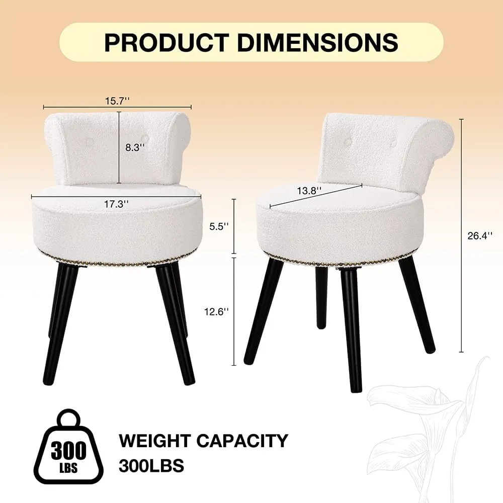 Sherpa Vanity Chair with Back for Bedroom - Tufted Upholstered Low Back Makeup Chair with Wooden Legs, Modern Elegant Dressing Table Stool for Dressing Room and Bathroom(White) ﻿
