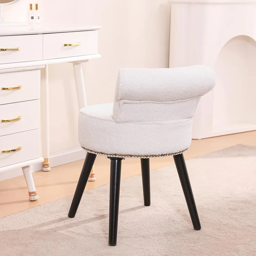Sherpa Vanity Chair with Back for Bedroom - Tufted Upholstered Low Back Makeup Chair with Wooden Legs, Modern Elegant Dressing Table Stool for Dressing Room and Bathroom(White) ﻿
