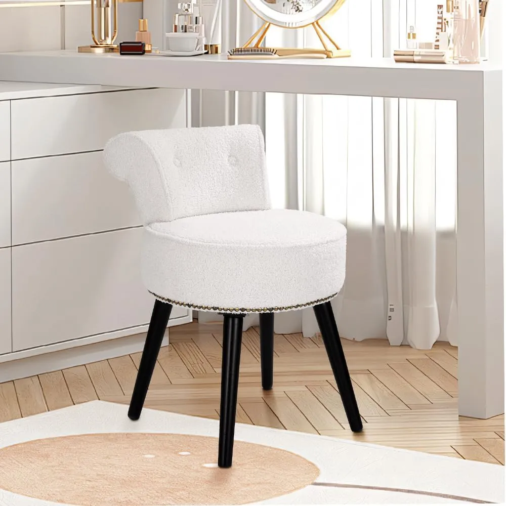 Sherpa Vanity Chair with Back for Bedroom - Tufted Upholstered Low Back Makeup Chair with Wooden Legs, Modern Elegant Dressing Table Stool for Dressing Room and Bathroom(White) ﻿