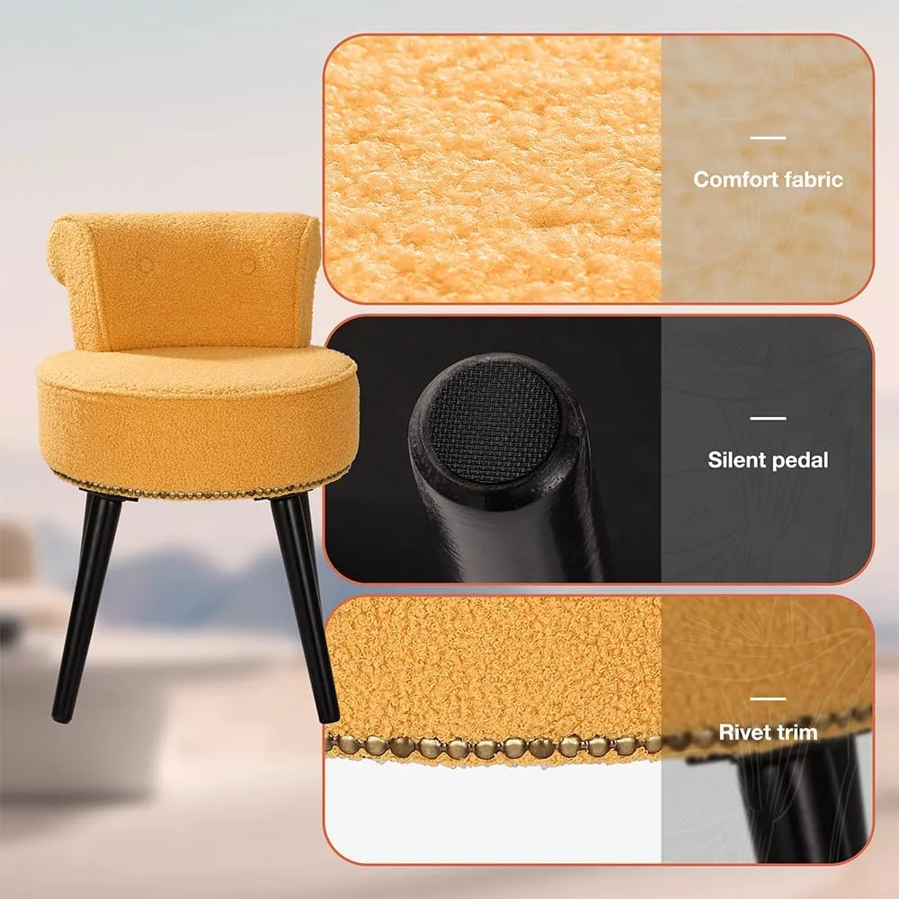 Sherpa Vanity Chair with Back for Bedroom - Tufted Upholstered Low Back Makeup Chair with Wooden Legs, Modern Elegant Dressing Table Stool for Dressing Room﻿ Bathroom(Yellow)