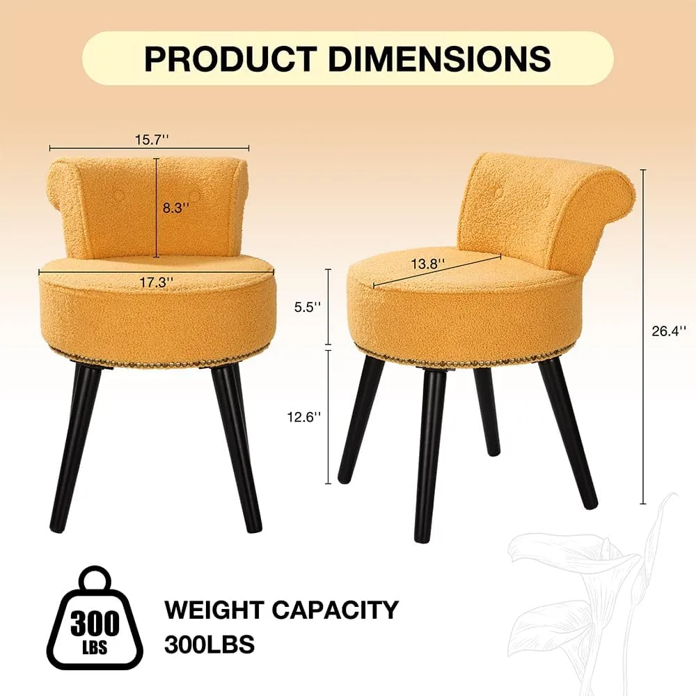 Sherpa Vanity Chair with Back for Bedroom - Tufted Upholstered Low Back Makeup Chair with Wooden Legs, Modern Elegant Dressing Table Stool for Dressing Room﻿ Bathroom(Yellow)