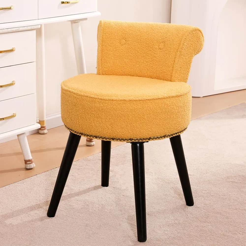 Sherpa Vanity Chair with Back for Bedroom - Tufted Upholstered Low Back Makeup Chair with Wooden Legs, Modern Elegant Dressing Table Stool for Dressing Room﻿ Bathroom(Yellow)