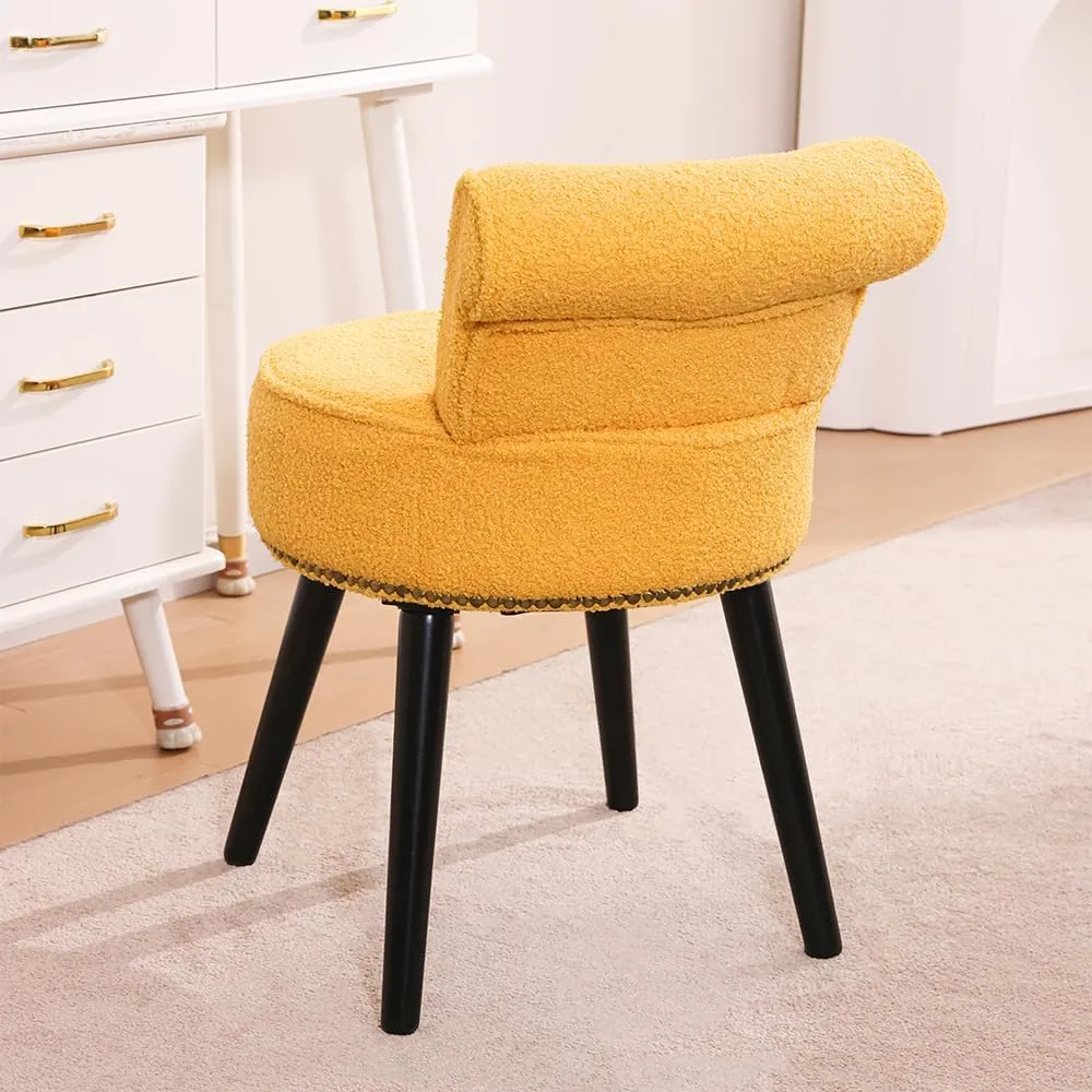 Sherpa Vanity Chair with Back for Bedroom - Tufted Upholstered Low Back Makeup Chair with Wooden Legs, Modern Elegant Dressing Table Stool for Dressing Room﻿ Bathroom(Yellow)