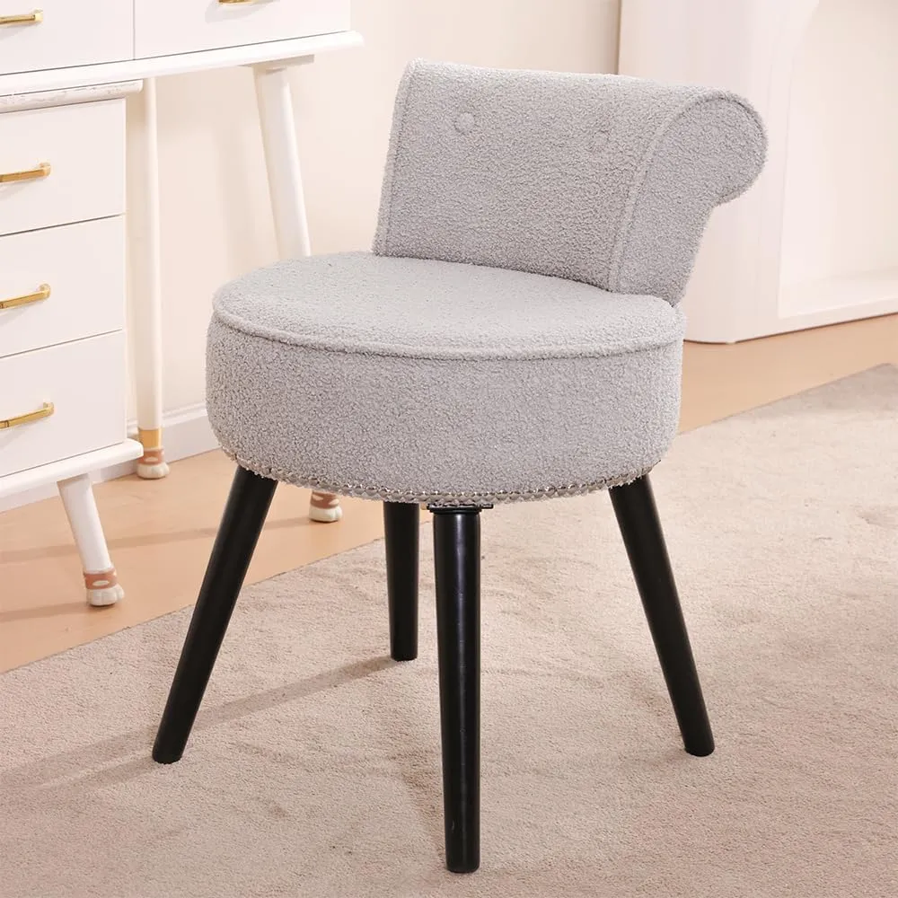 Sherpa Vanity Chair with Back for Bedroom - Tufted Upholstered Low Back Makeup Chair with Wooden Legs, Modern Elegant Dressing Table Stool for Dressing Room﻿(Grey)
