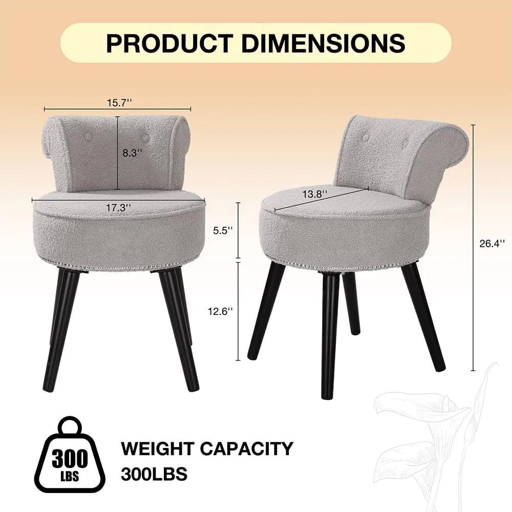 Sherpa Vanity Chair with Back for Bedroom - Tufted Upholstered Low Back Makeup Chair with Wooden Legs, Modern Elegant Dressing Table Stool for Dressing Room﻿(Grey)