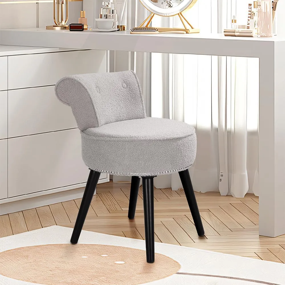 Sherpa Vanity Chair with Back for Bedroom - Tufted Upholstered Low Back Makeup Chair with Wooden Legs, Modern Elegant Dressing Table Stool for Dressing Room﻿(Grey)