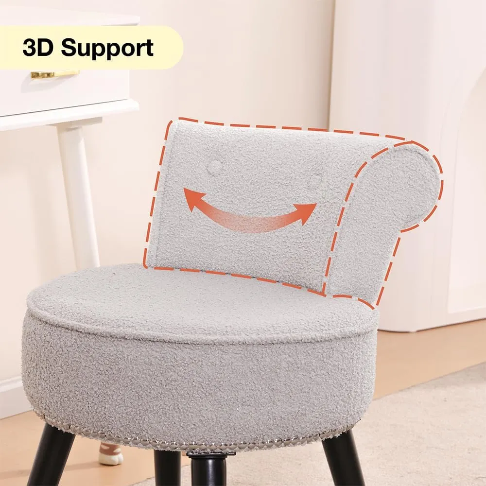Sherpa Vanity Chair with Back for Bedroom - Tufted Upholstered Low Back Makeup Chair with Wooden Legs, Modern Elegant Dressing Table Stool for Dressing Room﻿(Grey)
