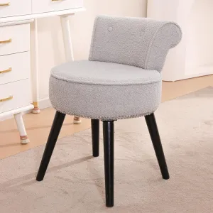 Sherpa Vanity Chair with Back for Bedroom - Tufted Upholstered Low Back Makeup Chair with Wooden Legs, Modern Elegant Dressing Table Stool for Dressing Room﻿(Grey)