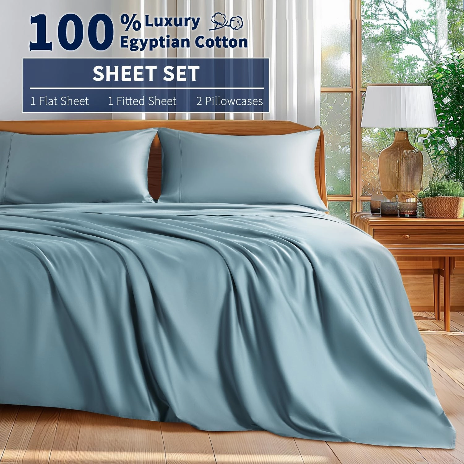 Shilucheng 100% Cotton Queen Size Sheets Set - 600 Thread Count，Luxury Egyptian Cotton Bed Sheets，5-Star Hotel Quality Sheets, Breathable & Cooling, 16 Inch Deep Pocket - 4 Piece (French Blue, Queen)