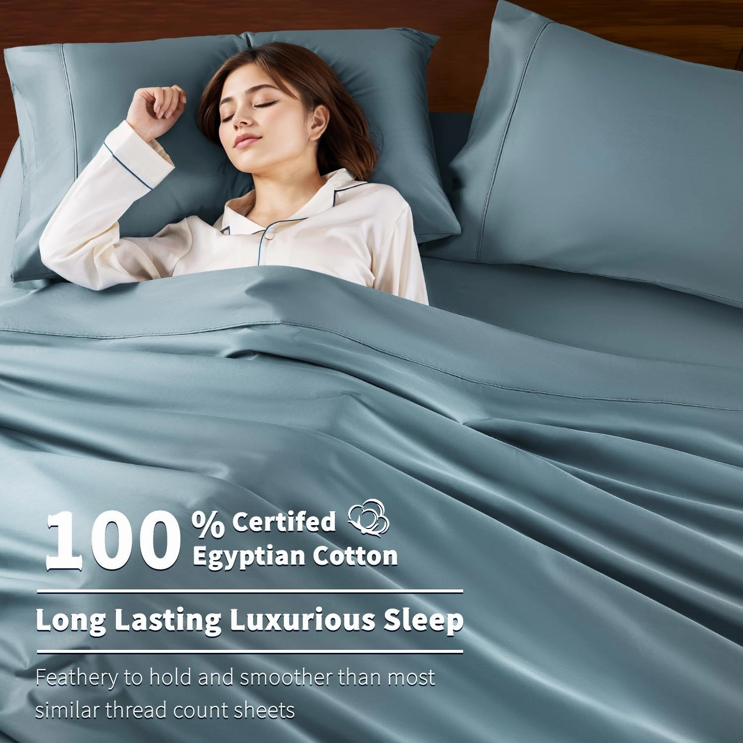 Shilucheng 100% Cotton Queen Size Sheets Set - 600 Thread Count，Luxury Egyptian Cotton Bed Sheets，5-Star Hotel Quality Sheets, Breathable & Cooling, 16 Inch Deep Pocket - 4 Piece (French Blue, Queen)