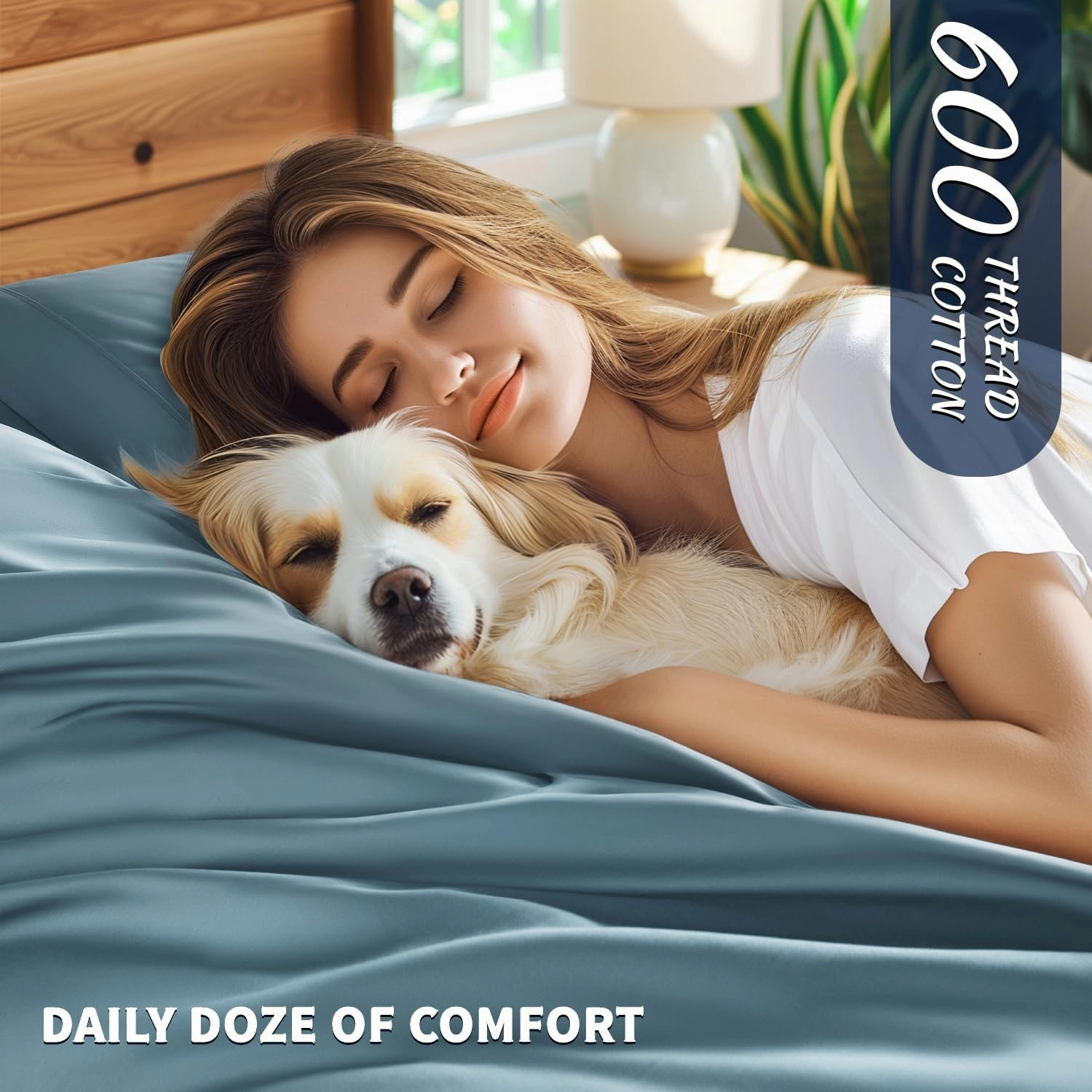 Shilucheng 100% Cotton Queen Size Sheets Set - 600 Thread Count，Luxury Egyptian Cotton Bed Sheets，5-Star Hotel Quality Sheets, Breathable & Cooling, 16 Inch Deep Pocket - 4 Piece (French Blue, Queen)