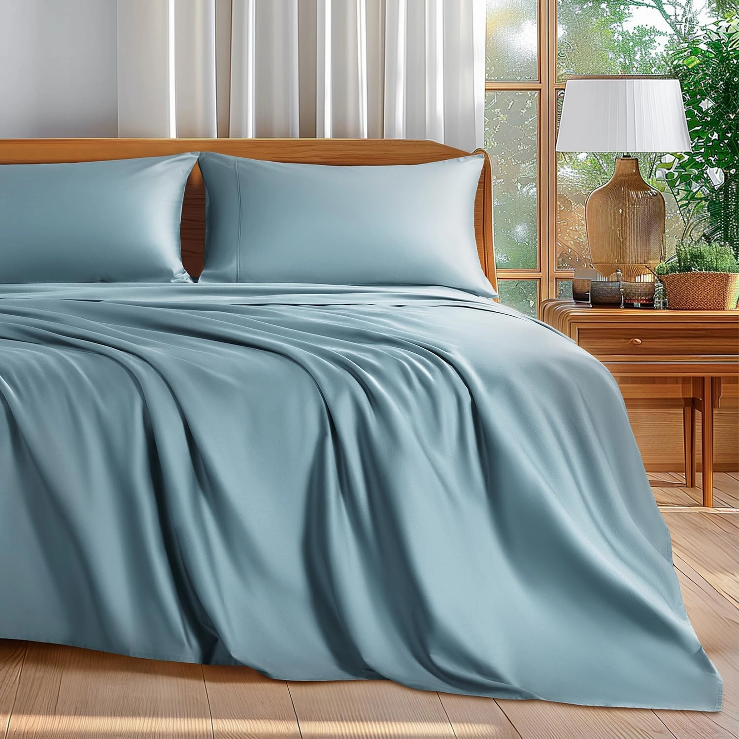 Shilucheng 100% Cotton Queen Size Sheets Set - 600 Thread Count，Luxury Egyptian Cotton Bed Sheets，5-Star Hotel Quality Sheets, Breathable & Cooling, 16 Inch Deep Pocket - 4 Piece (French Blue, Queen)