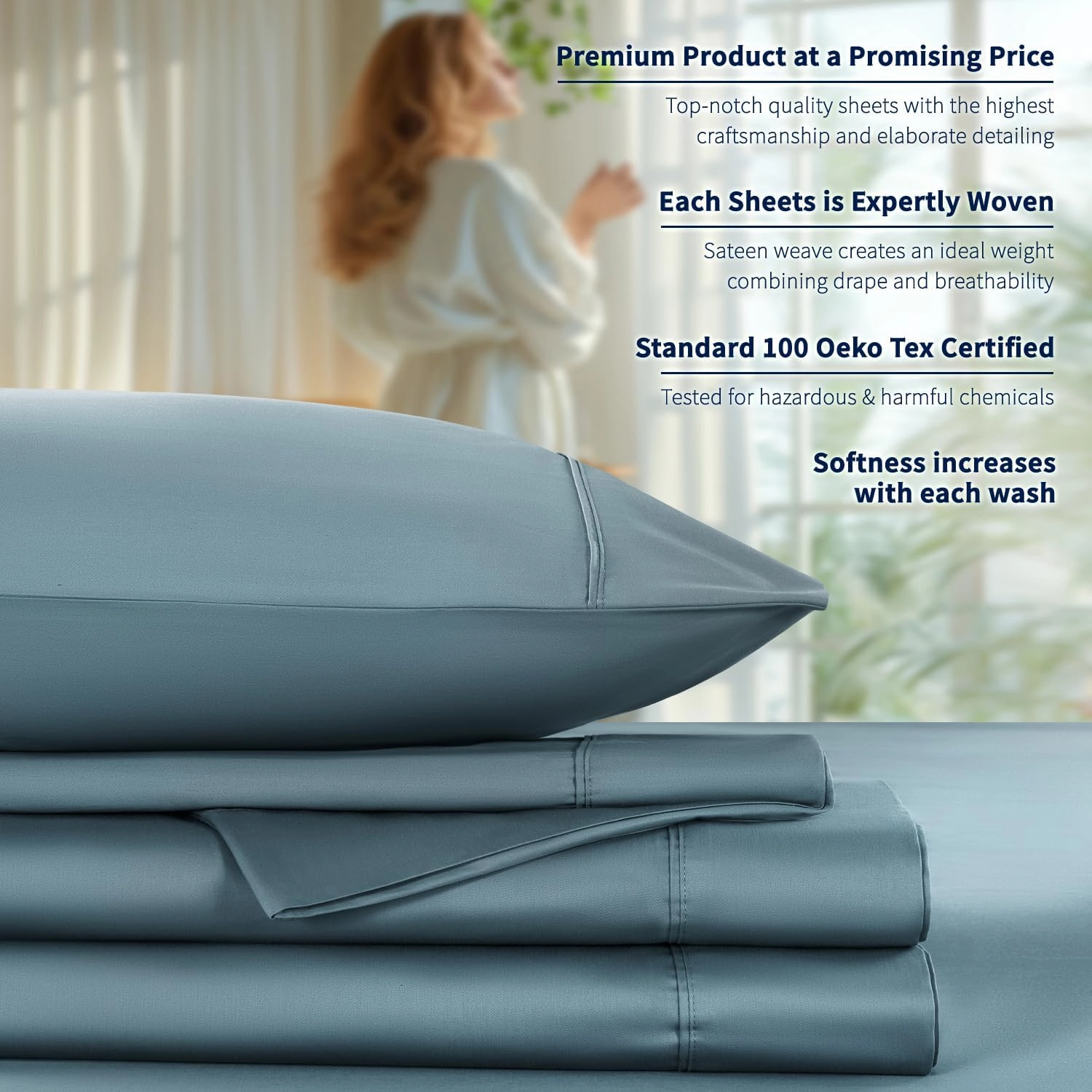 Shilucheng 100% Cotton Queen Size Sheets Set - 600 Thread Count，Luxury Egyptian Cotton Bed Sheets，5-Star Hotel Quality Sheets, Breathable & Cooling, 16 Inch Deep Pocket - 4 Piece (French Blue, Queen)