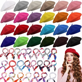 Shinymoon 48 Pcs Women Wool Beret Hat with Silky Scarf French Beret Bulk for Women Girls Winter