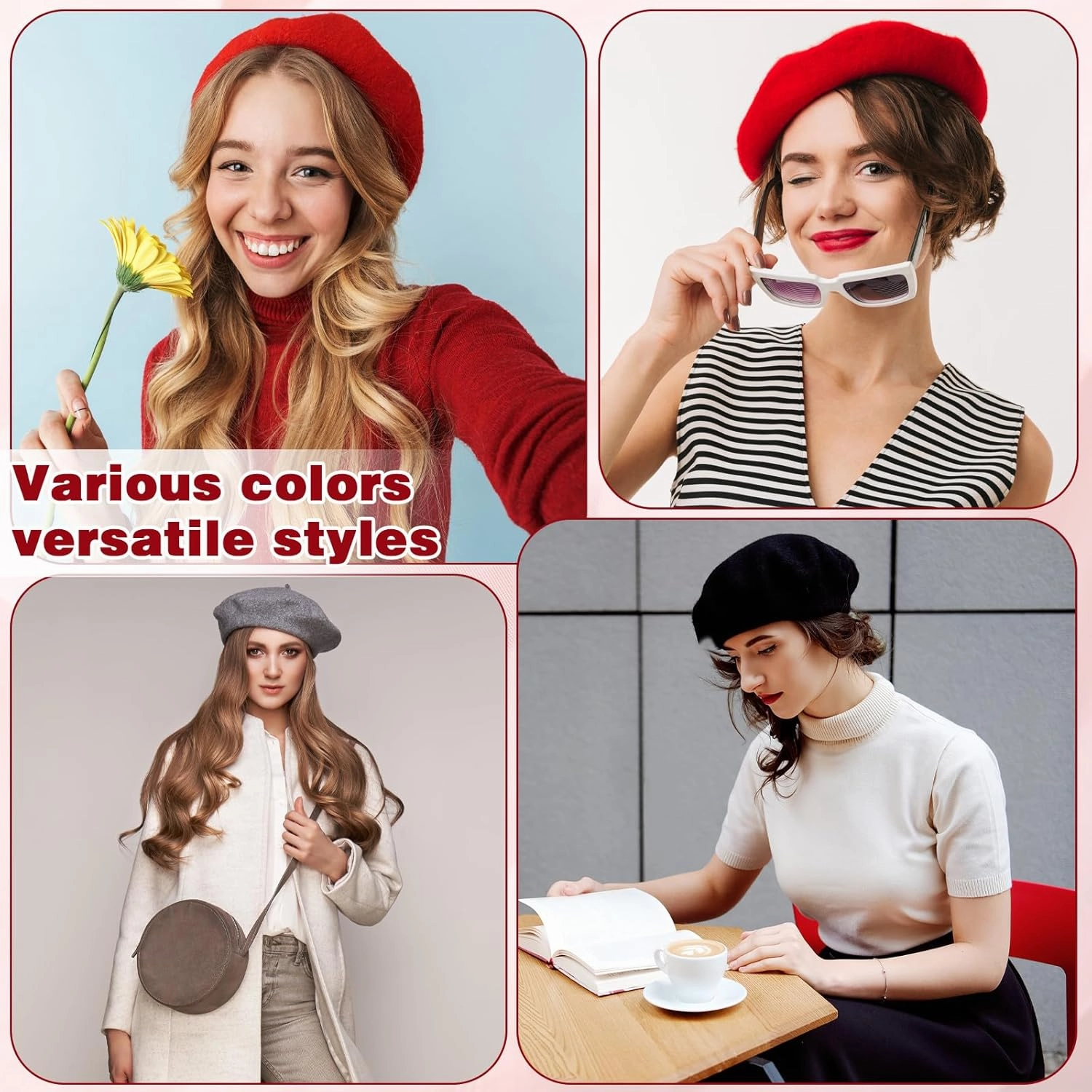Shinymoon 48 Pcs Women Wool Beret Hat with Silky Scarf French Beret Bulk for Women Girls Winter
