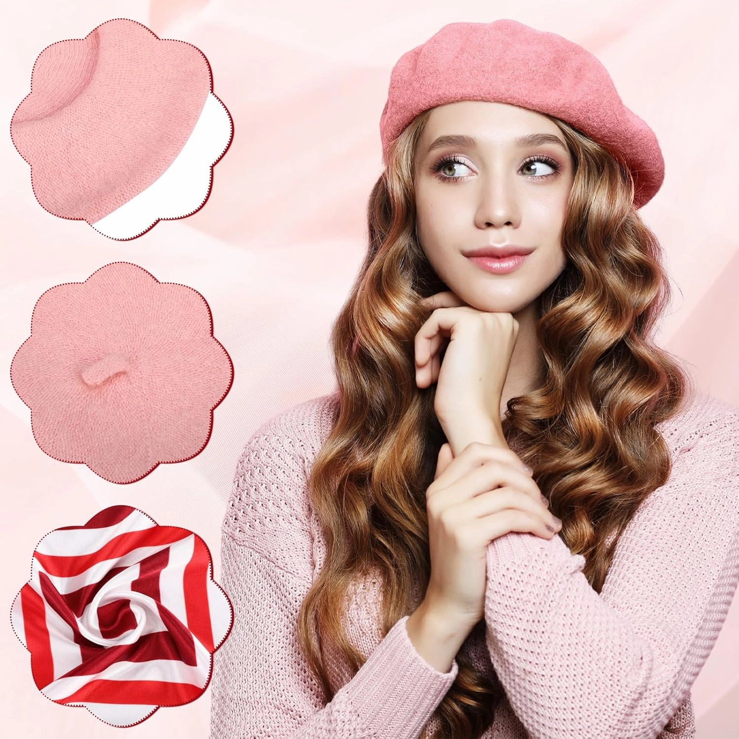 Shinymoon 48 Pcs Women Wool Beret Hat with Silky Scarf French Beret Bulk for Women Girls Winter