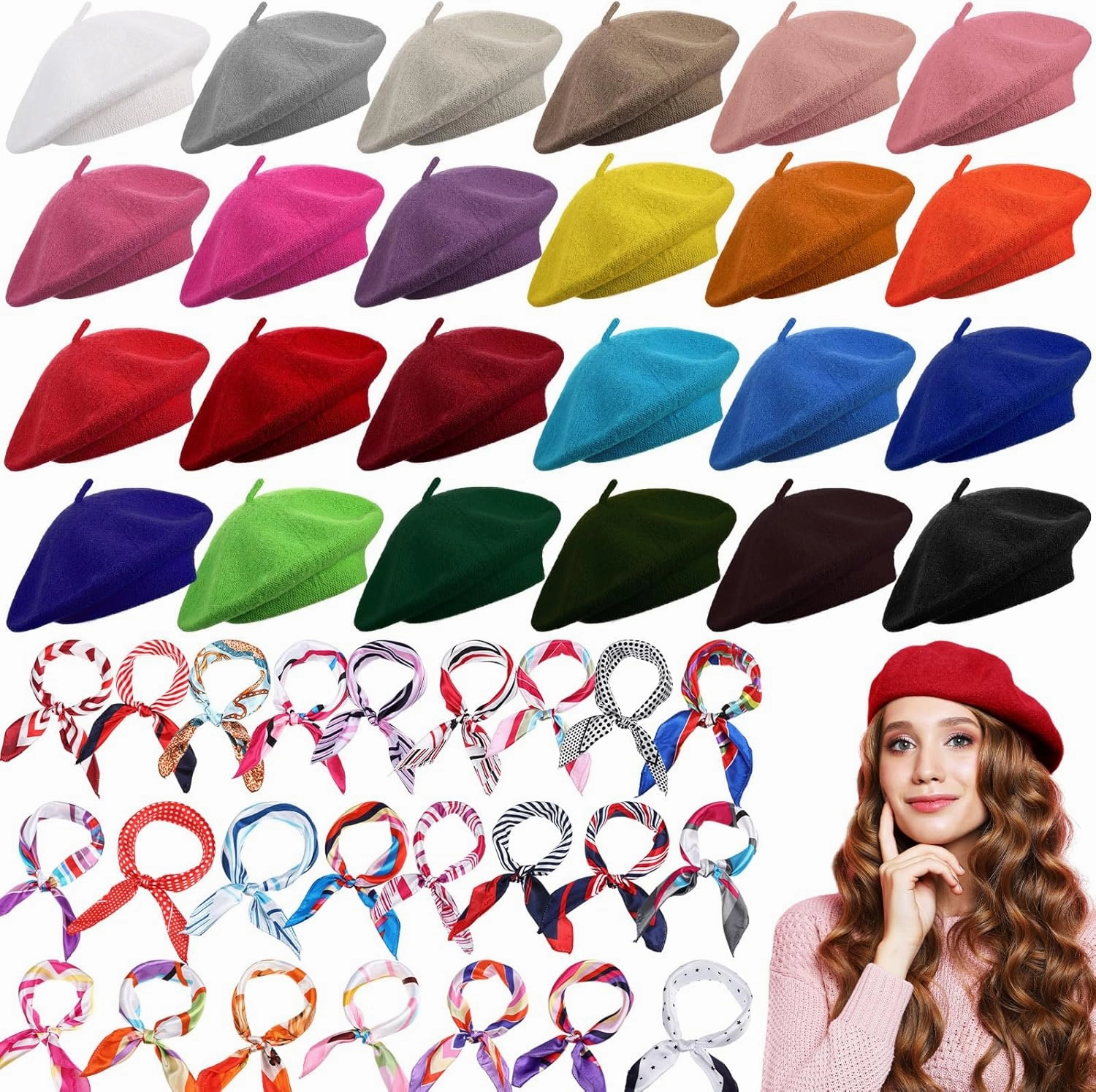 Shinymoon 48 Pcs Women Wool Beret Hat with Silky Scarf French Beret Bulk for Women Girls Winter