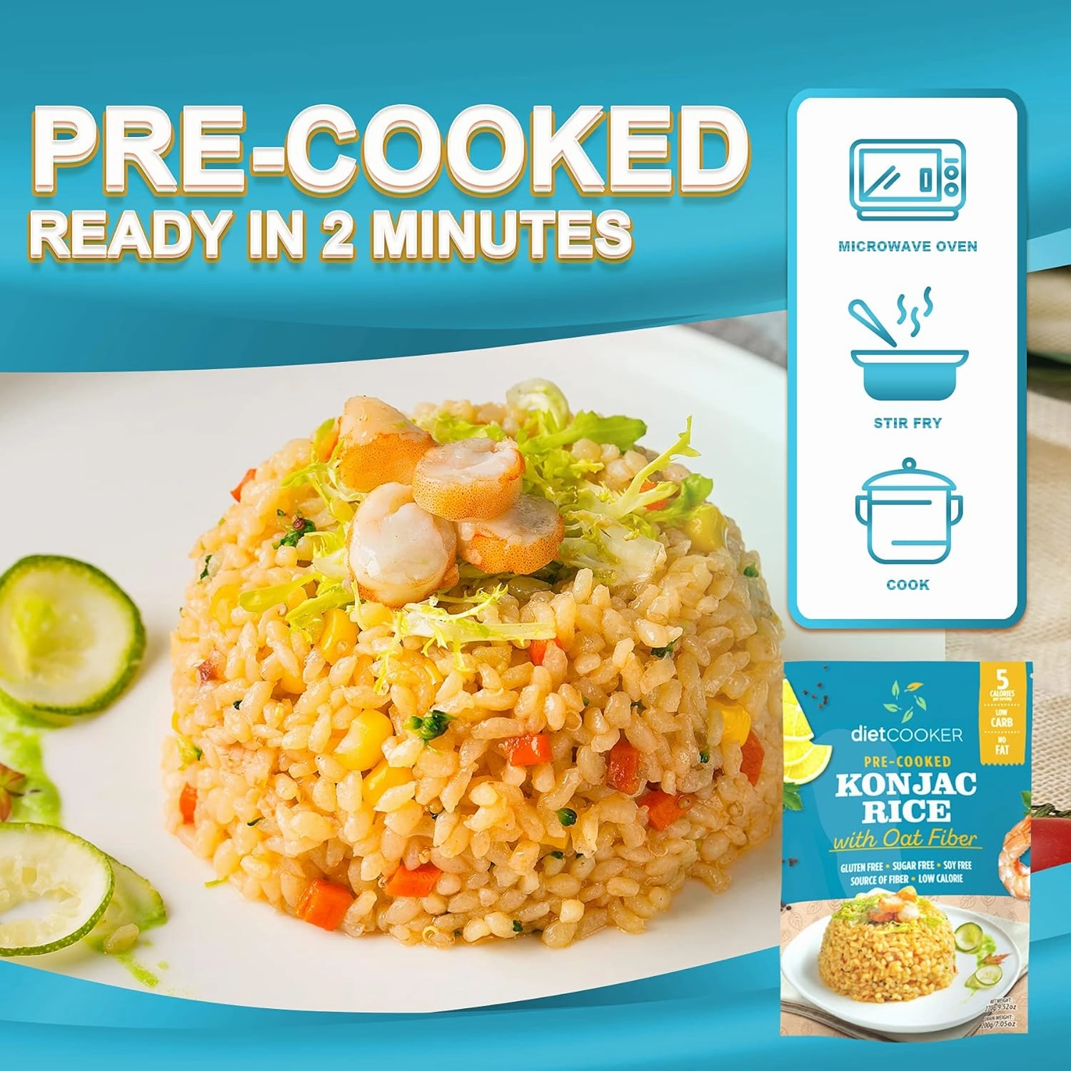 Shirataki Rice, DIET COOKER Konjac Rice 6 Pack Inside, Keto & Vegan Friendly, 9.52 oz, Odor Free, Low Calorie, Zero Net Carbs, Slim Rice Healthy Diet Food with Oat Fiber