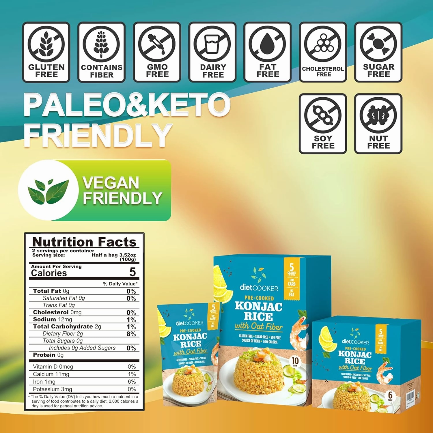 Shirataki Rice, DIET COOKER Konjac Rice 6 Pack Inside, Keto & Vegan Friendly, 9.52 oz, Odor Free, Low Calorie, Zero Net Carbs, Slim Rice Healthy Diet Food with Oat Fiber