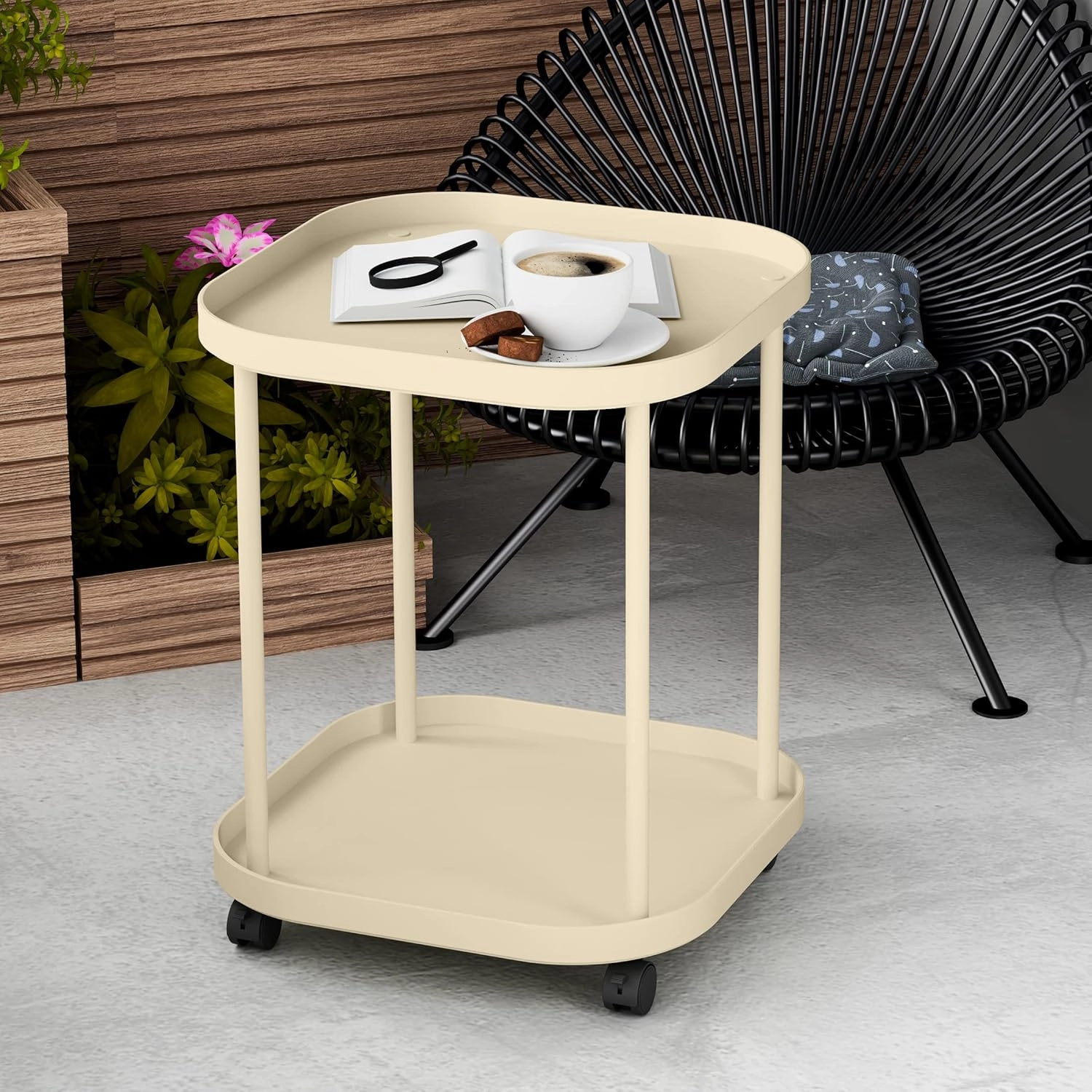 Side Table with Wheels, End Table Living Room Plastic Mobile Sofa Side Table Small Night Stand Bedroom Khaki
