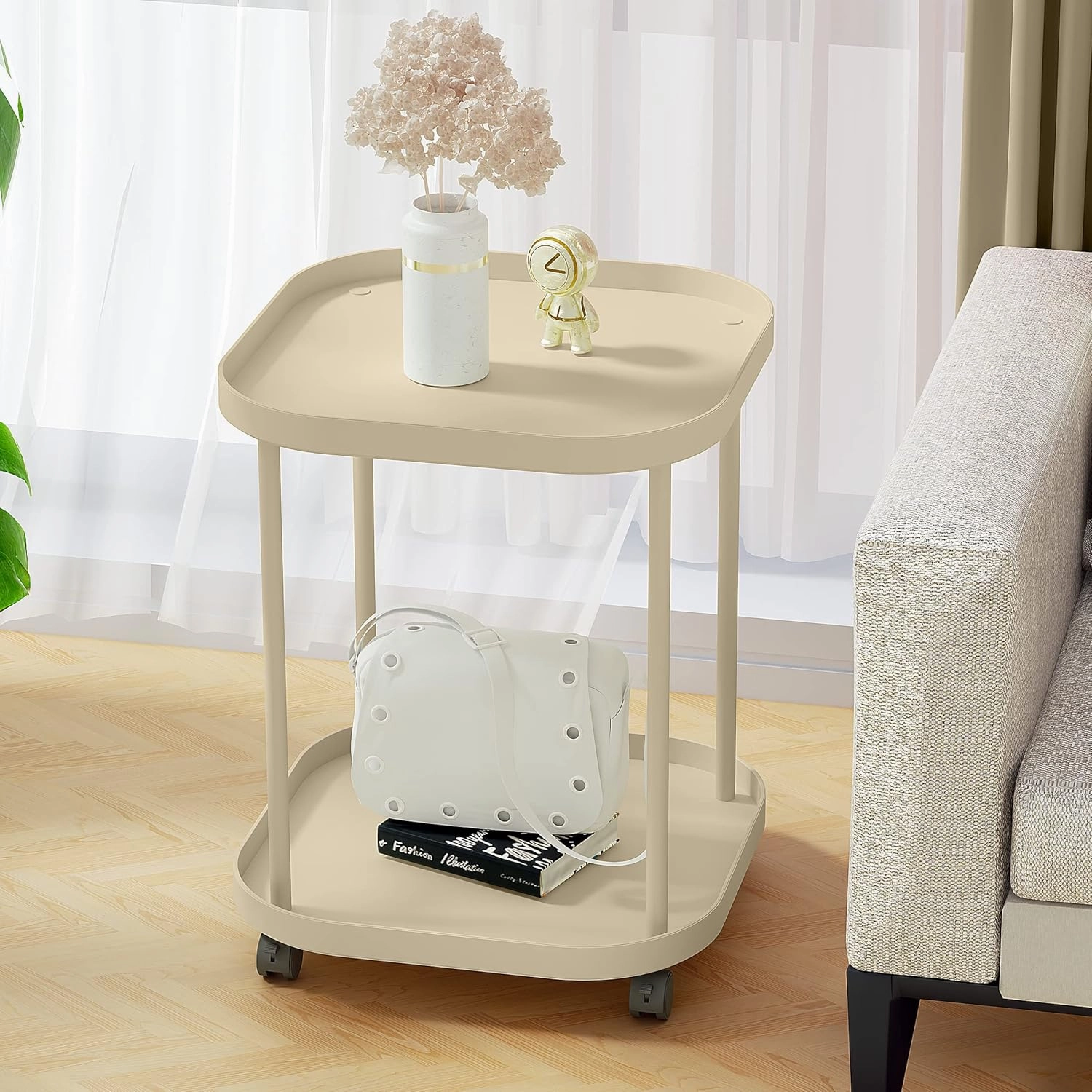 Side Table with Wheels, End Table Living Room Plastic Mobile Sofa Side Table Small Night Stand Bedroom Khaki
