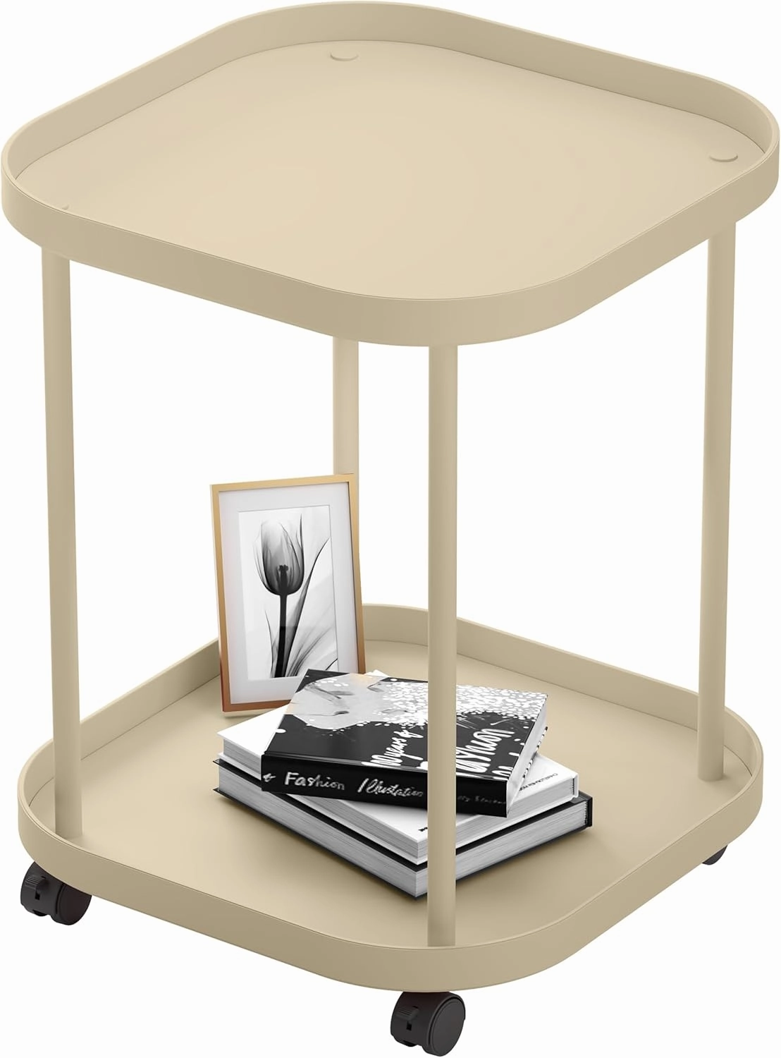 Side Table with Wheels, End Table Living Room Plastic Mobile Sofa Side Table Small Night Stand Bedroom Khaki