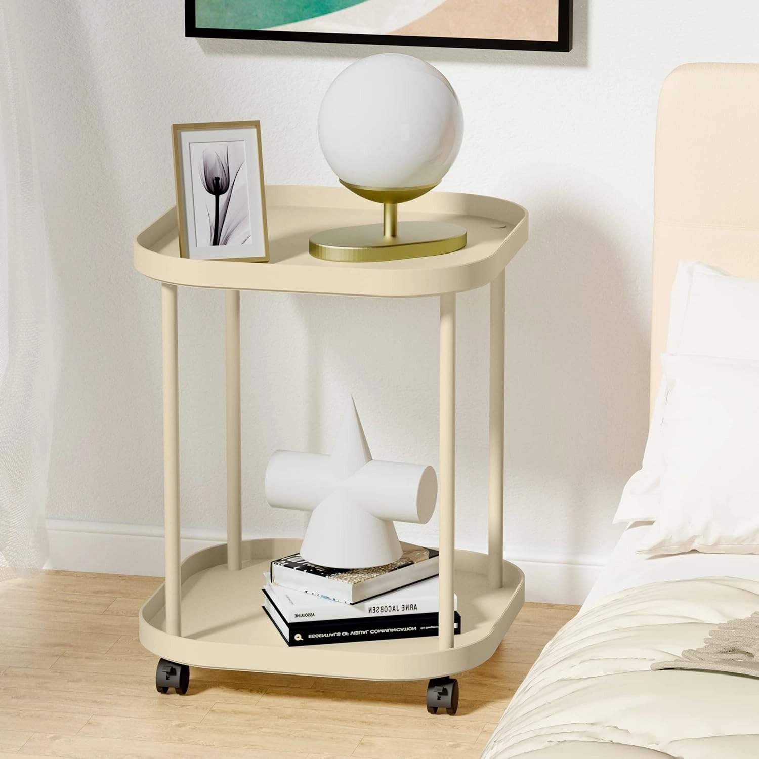 Side Table with Wheels, End Table Living Room Plastic Mobile Sofa Side Table Small Night Stand Bedroom Khaki