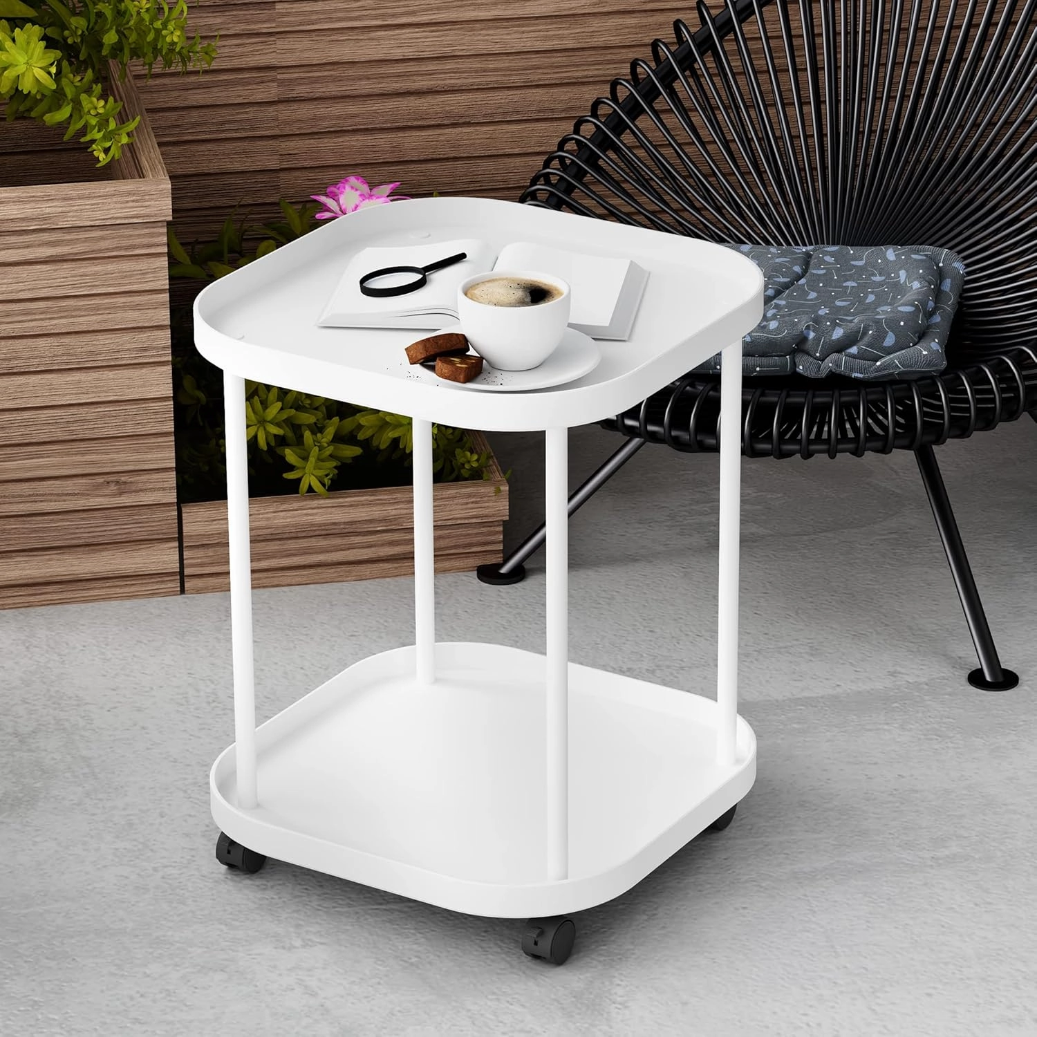 Side Table with Wheels, End Table Living Room Plastic Mobile Sofa Side Table Small Night Stand Bedroom Matte White
