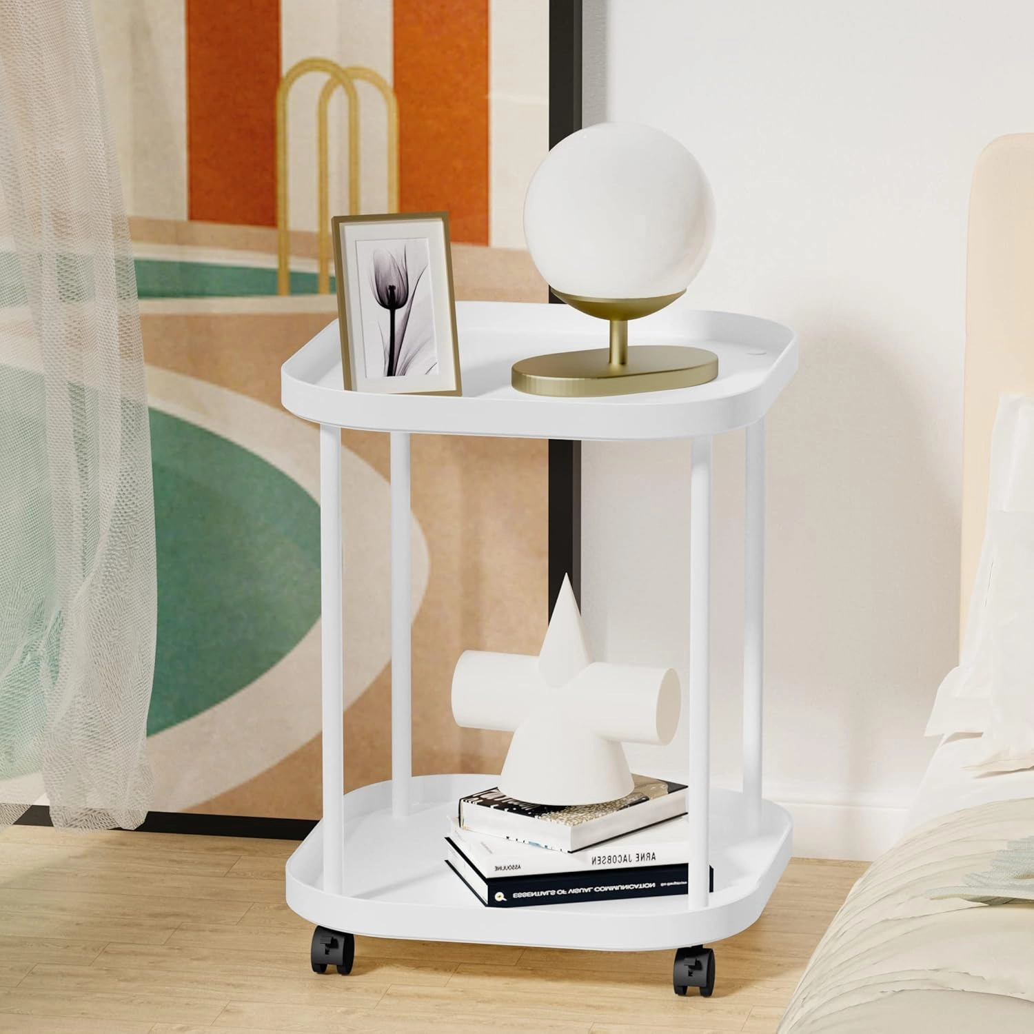 Side Table with Wheels, End Table Living Room Plastic Mobile Sofa Side Table Small Night Stand Bedroom Matte White