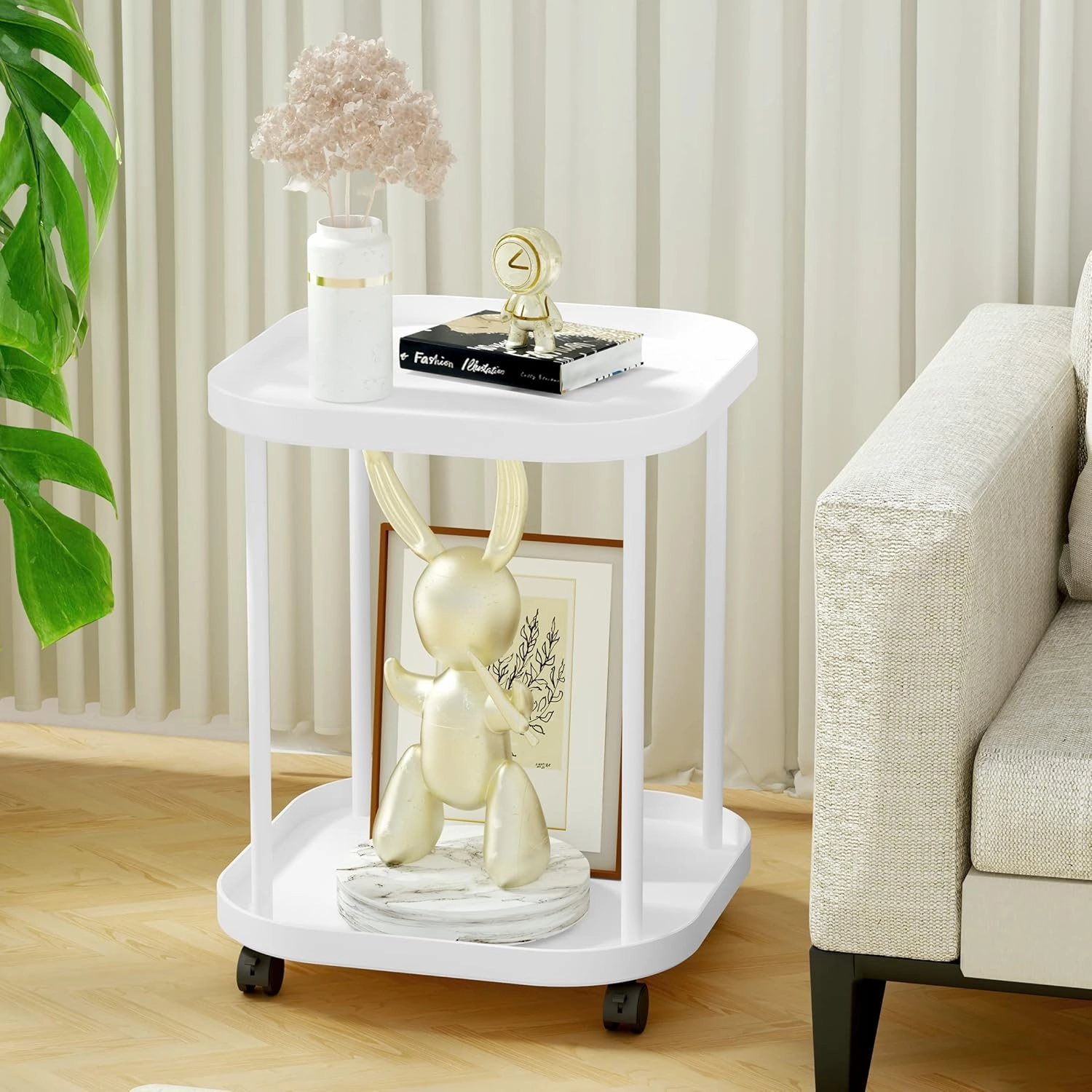 Side Table with Wheels, End Table Living Room Plastic Mobile Sofa Side Table Small Night Stand Bedroom Matte White