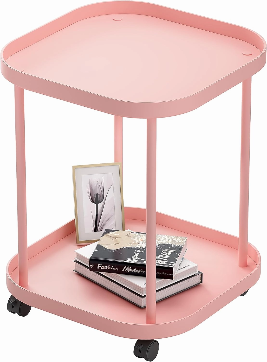 Side Table with Wheels, End Table Living Room Plastic Mobile Sofa Side Table Small Night Stand Bedroom Pink