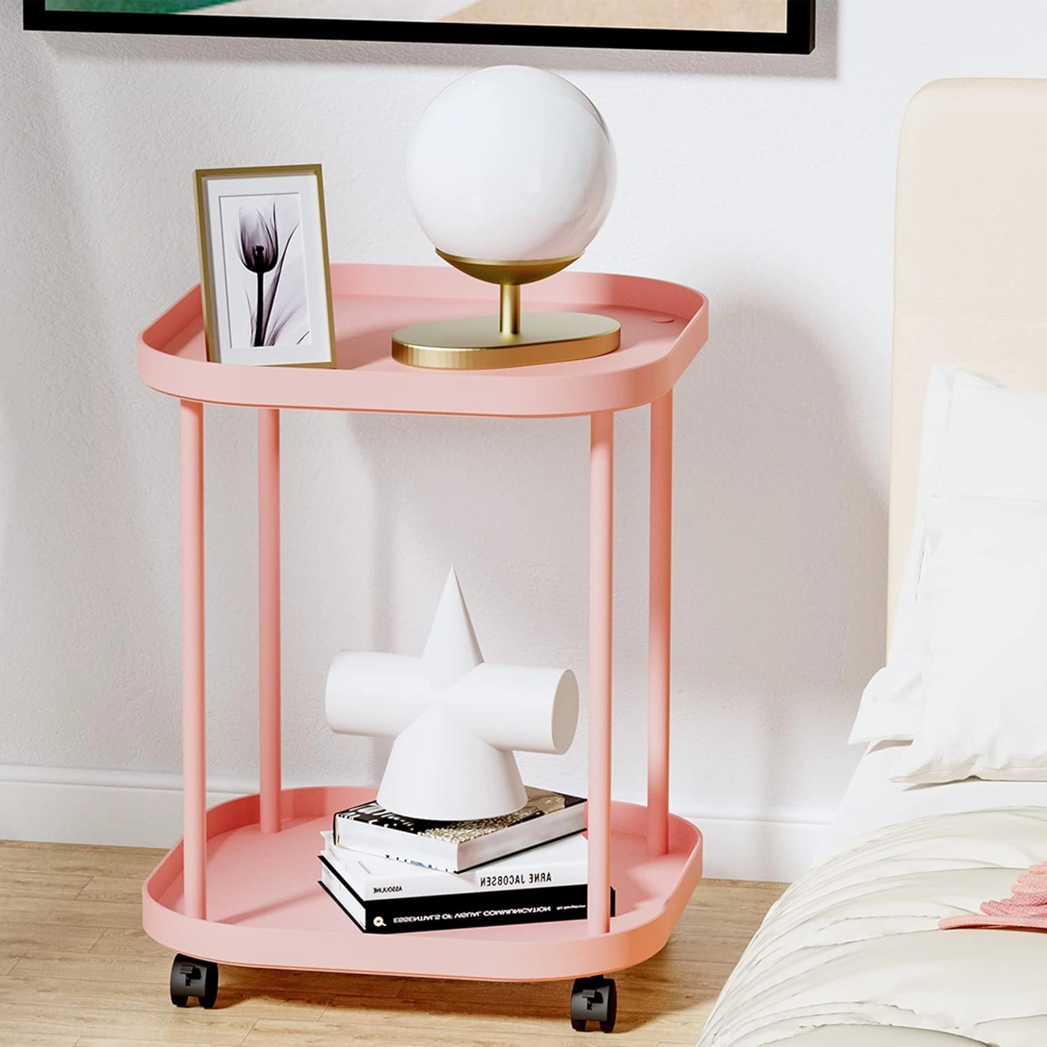 Side Table with Wheels, End Table Living Room Plastic Mobile Sofa Side Table Small Night Stand Bedroom Pink